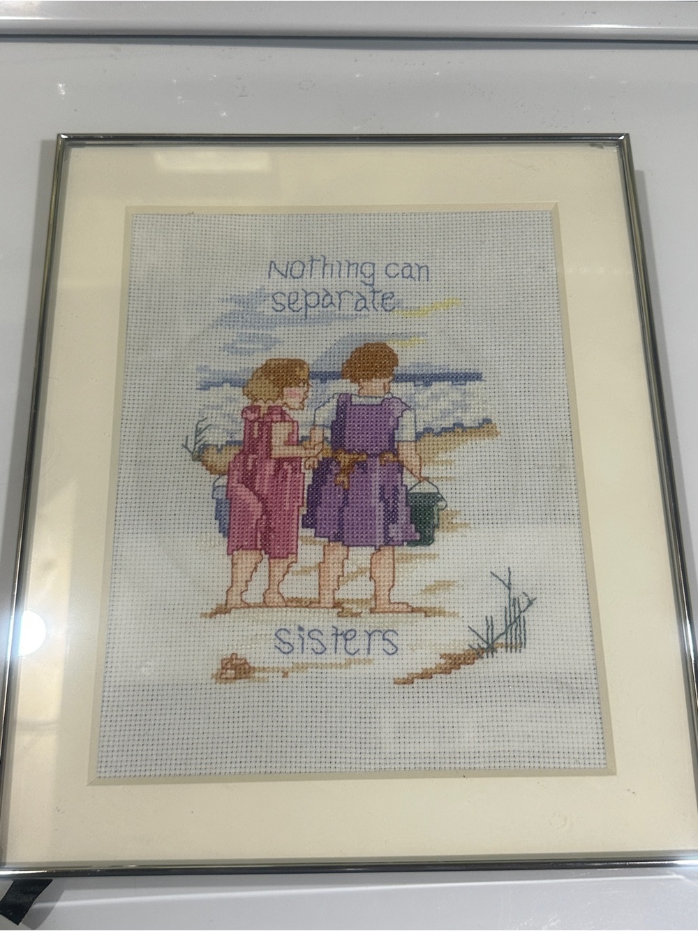 Framed 'Nothing Can Separate Sisters' Beach Cross-Stitch Art - Pink & Purple